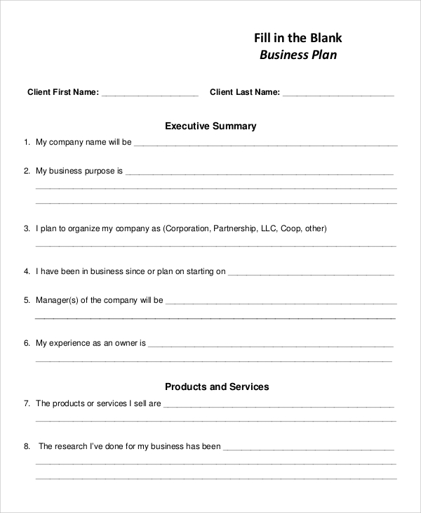 Sample fill in the blank business plan