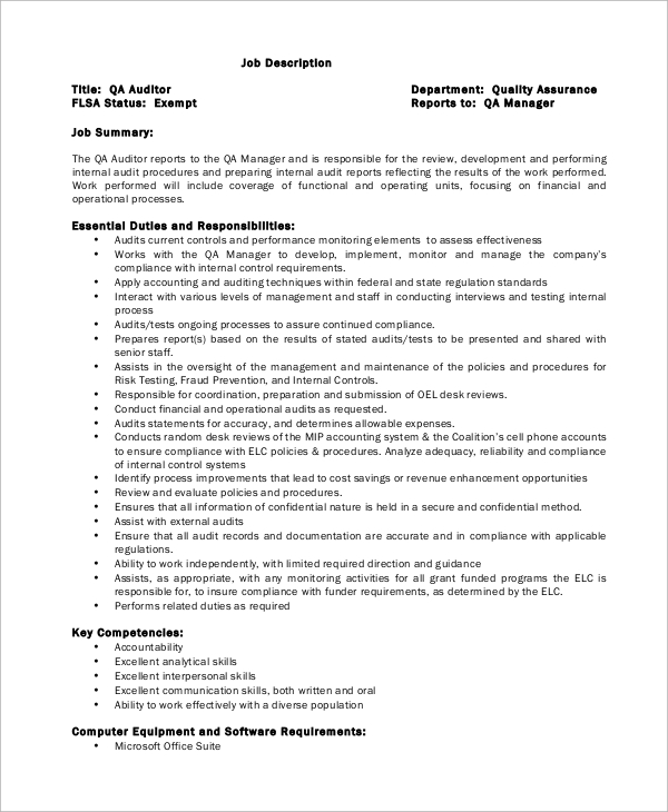 Internal Quality Auditor Job Description