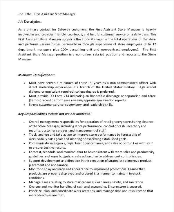 Assistant Manager Job Description Retail