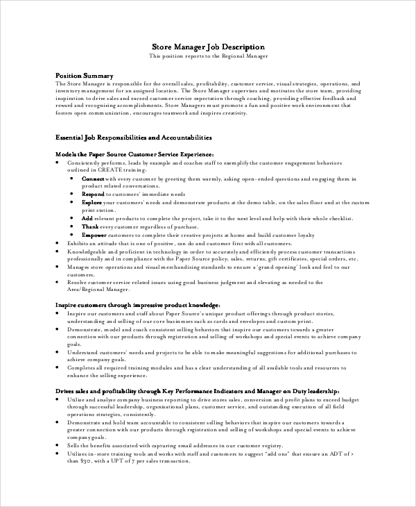 Sample Store Manager Job Description 10 Examples In PDF