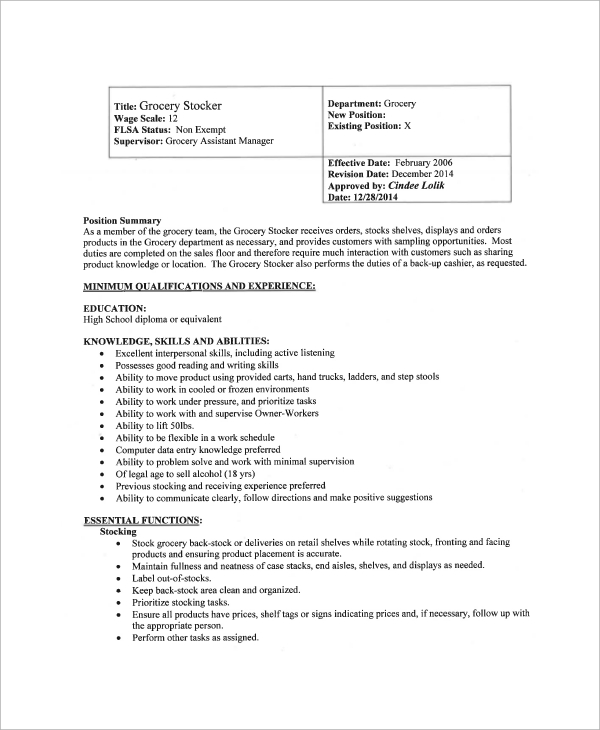 Stocking associate job description