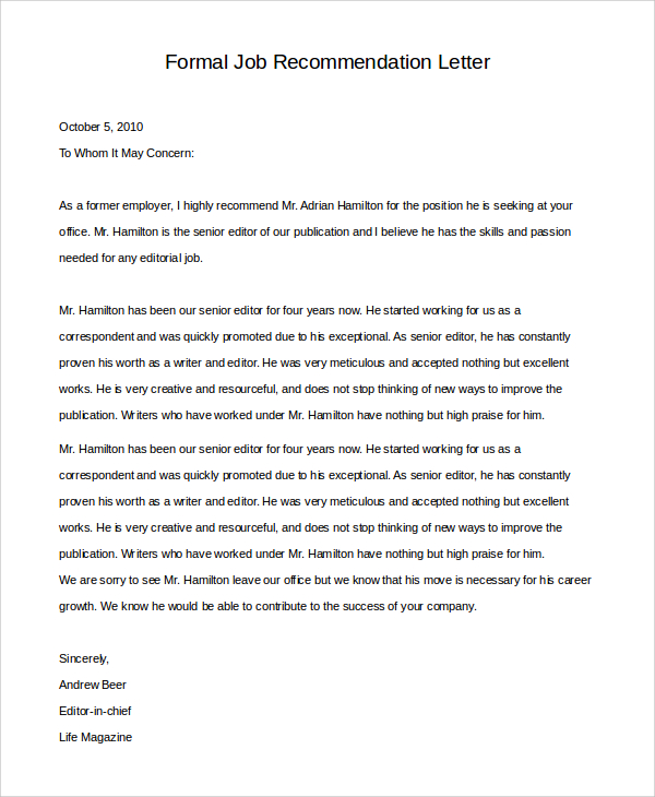 former employer job recommendation letter