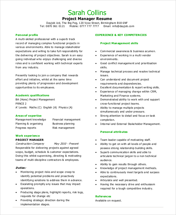 resume templates project manager