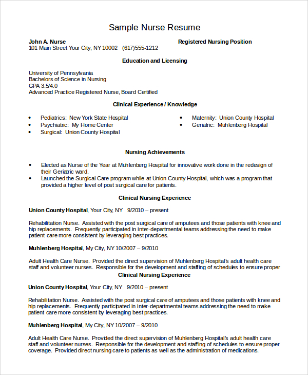 free microsoft word Resume templates for nursing