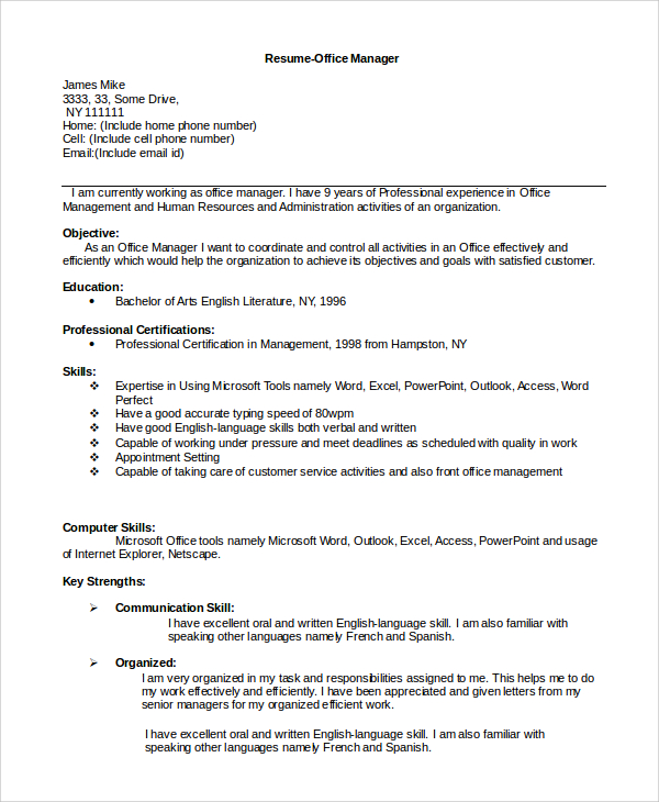 resume office manager word