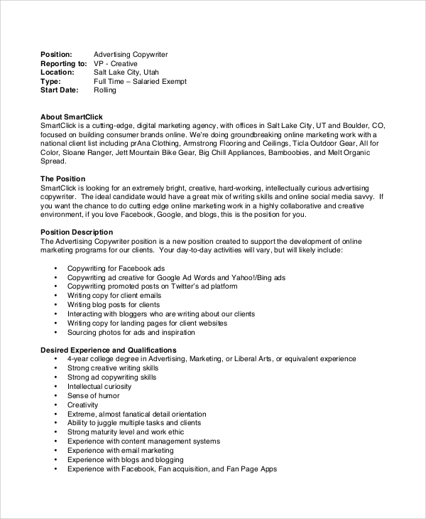 sample advertising copywriter job description in pdf