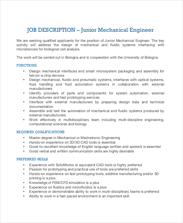 FREE 10+ Sample Mechanical Engineering Job Description Templates in PDF