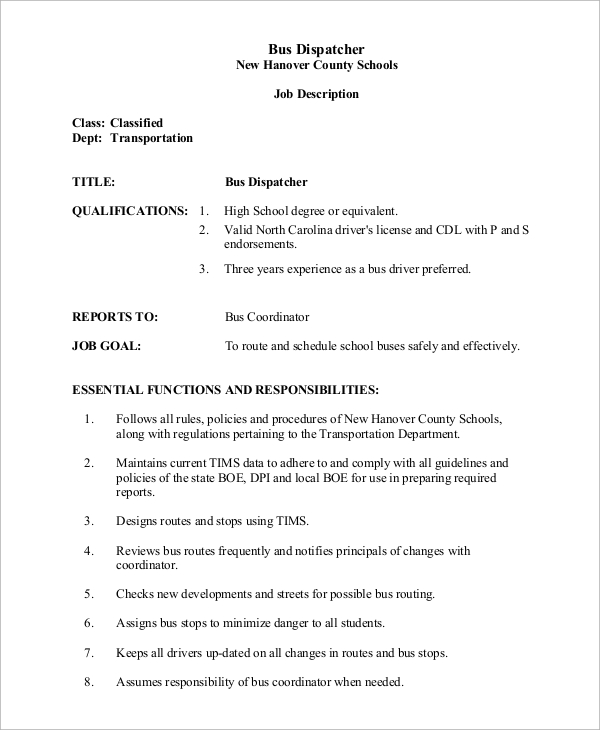 Sample Dispatcher Job Description - 11+ Examples in Word, PDF