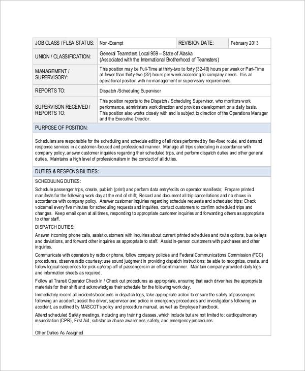 FREE 11+ Sample Dispatcher Job Descriptions in MS Word PDF