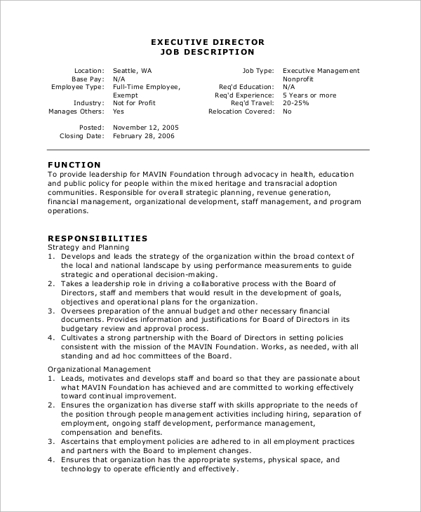 FREE 10+ Sample Executive Director Job Description Templates in MS Word PDF