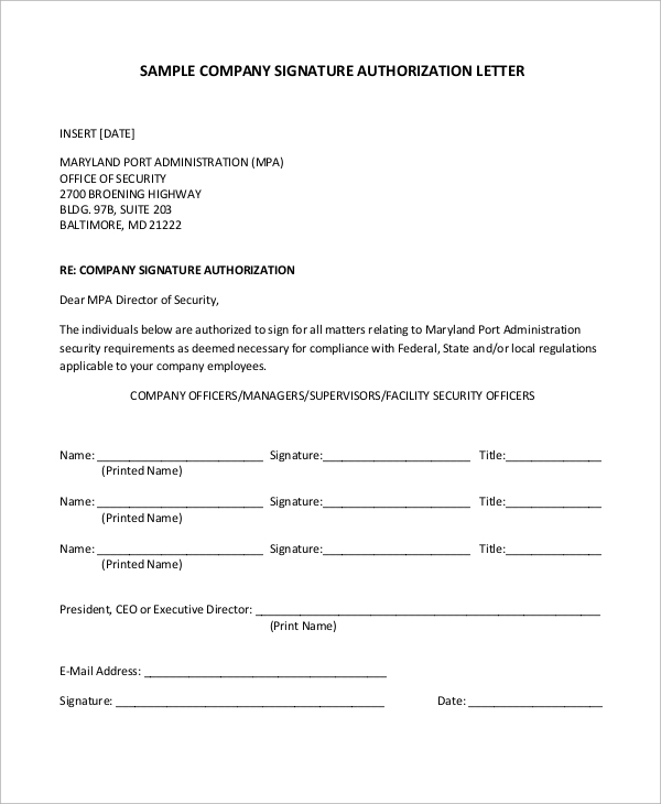 company signature authorization letter