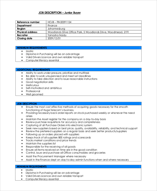 10+ Sample Buyer Job Descriptions  Sample Templates