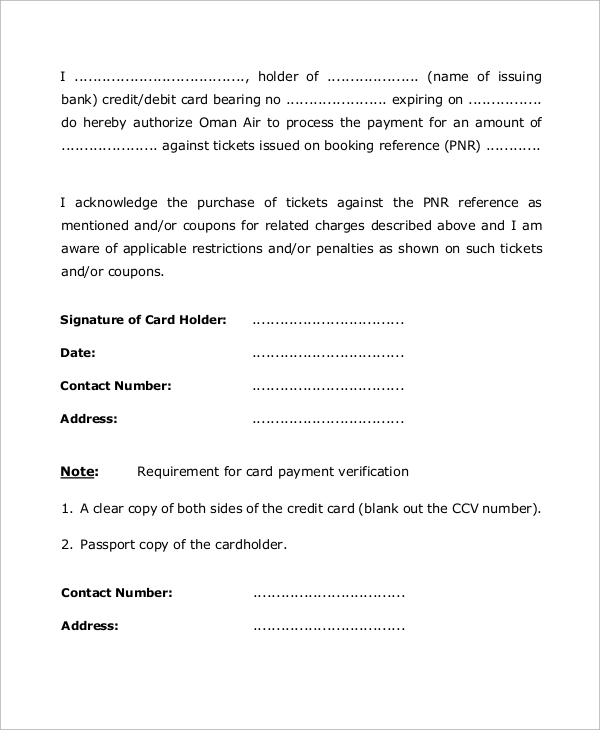 authorization letter from credit debit cardholder