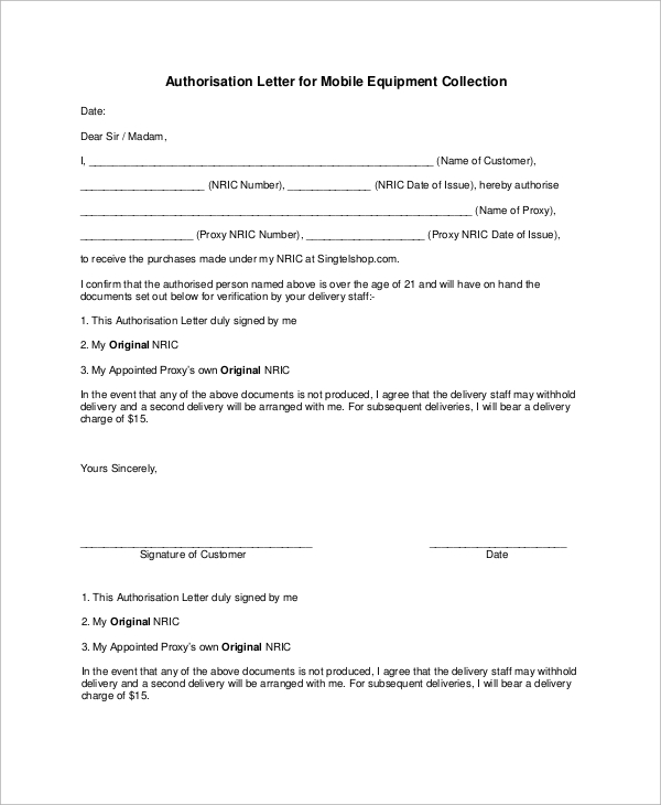 authorisation letter for mobile equipment collection