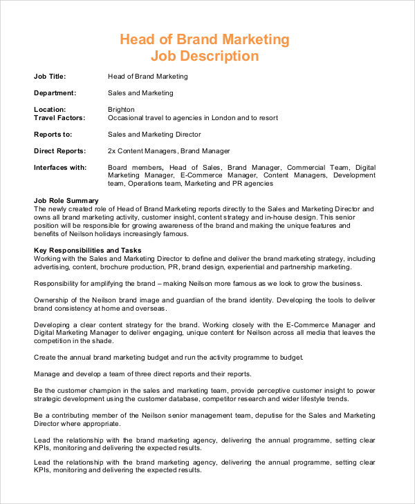 Free 9 Sample Brand Manager Job Description Templates In Pdf