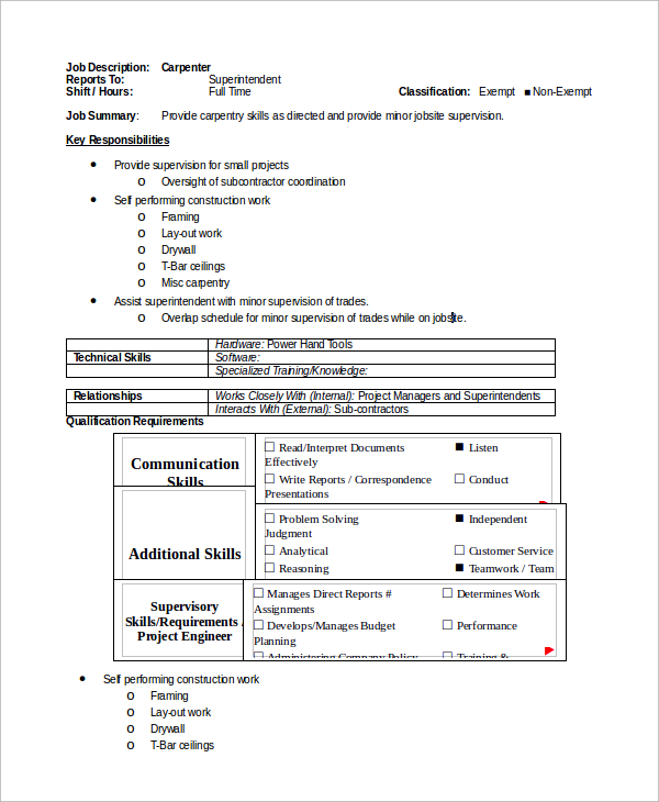 FREE 10+ Sample Carpenter Job Description Templates in MS Word PDF