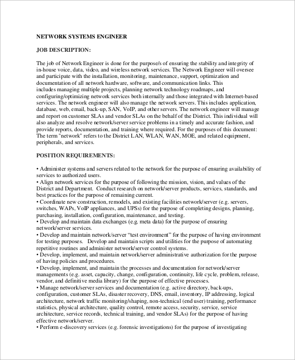 Network Engineer Job Description Cisco Network Engineer Resume, It