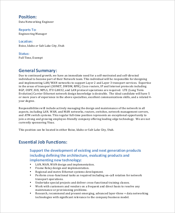 FREE 10+ Sample Network Engineer Job Description Templates in MS Word | PDF