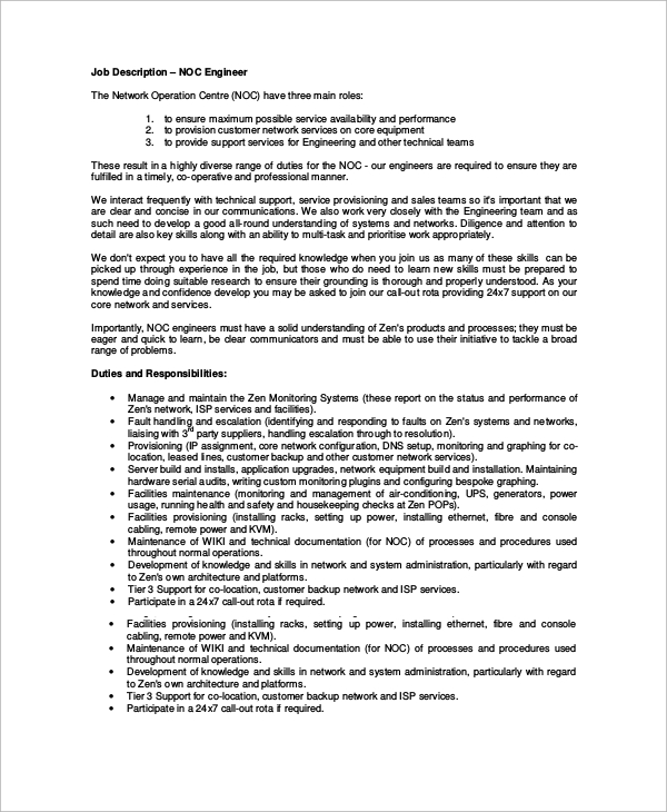 Network operations center job description