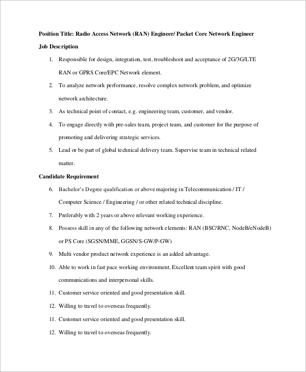 Networking Job Description Sample | Master of Template Document