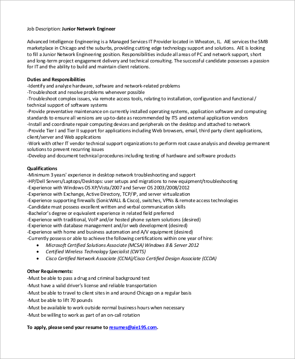 junior network engineer job description