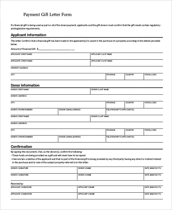 payment gift letter form
