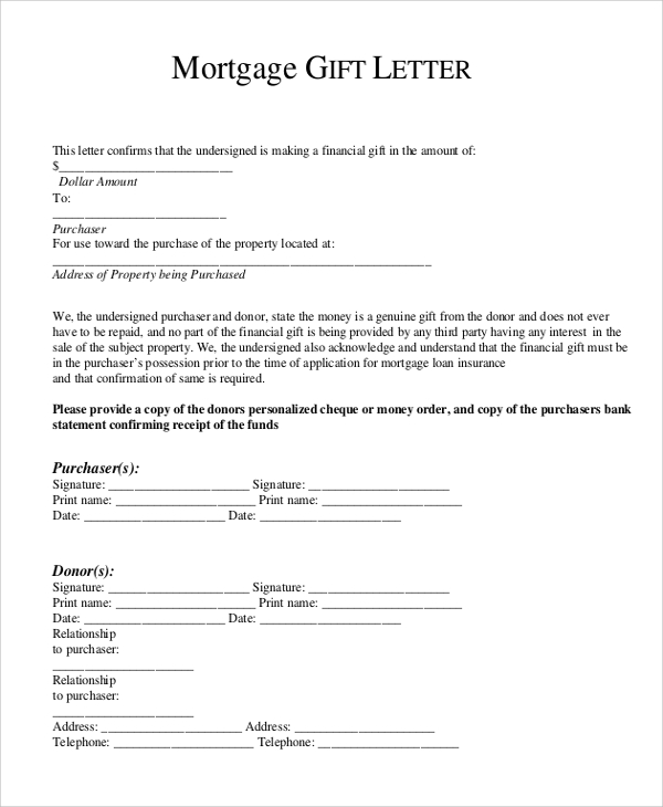 gift letter template for home purchase