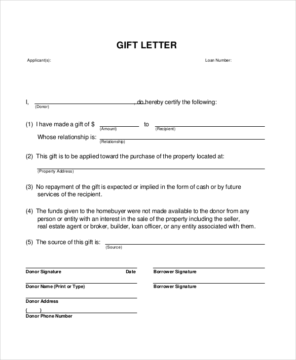 blank gift letter