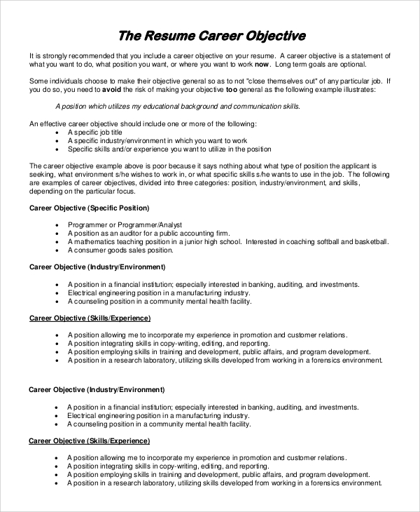 generic resume objective statement examples