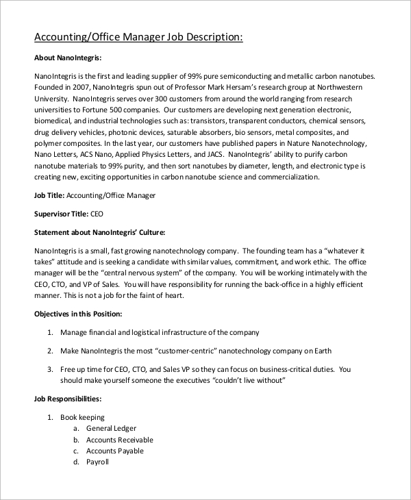 office manager job description resume