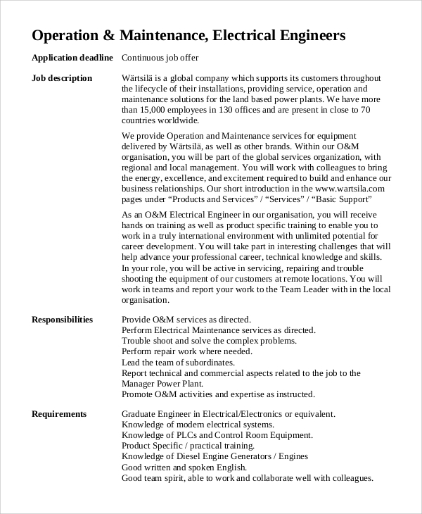 Free 10+ Sample Electrical Engineer Job Description Templates In Pdf | Ms  Word