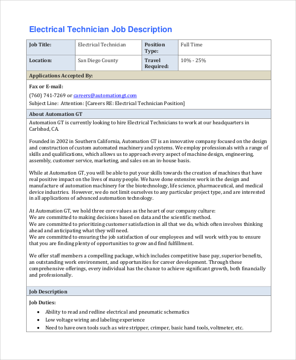 Electrical Engineering Job Description Template