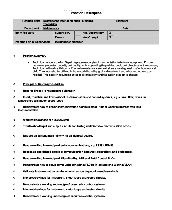 maintenance electrical technician manager job description
