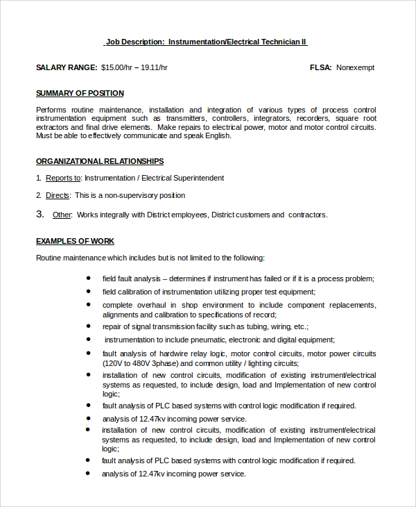 job description of electrical instrumentation electrical engineer