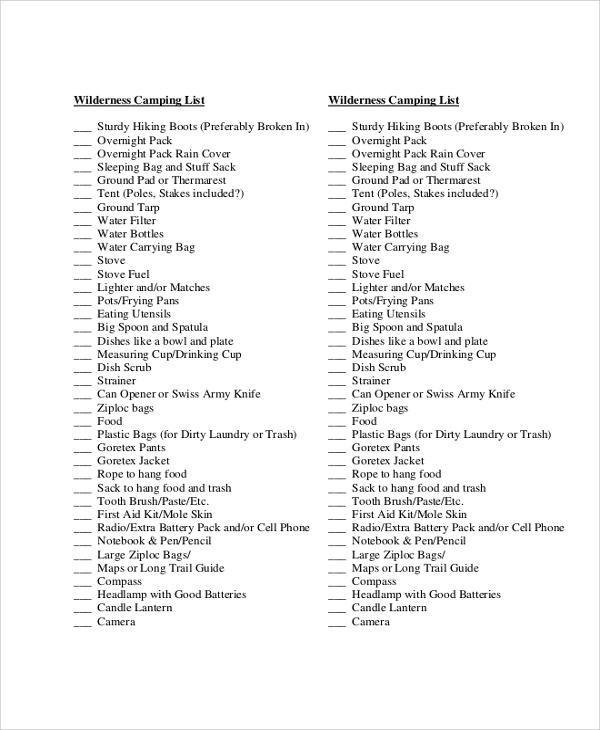 wilderness camping list