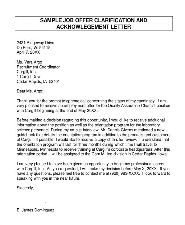 offer clarification and acknowlegement letter