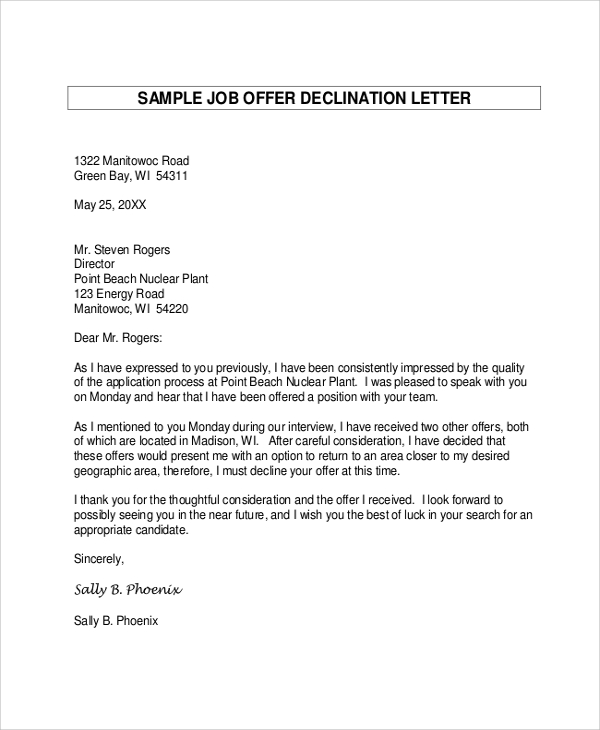 job offer declination letter