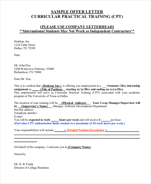 Internship Offer Letter Sample from images.sampletemplates.com