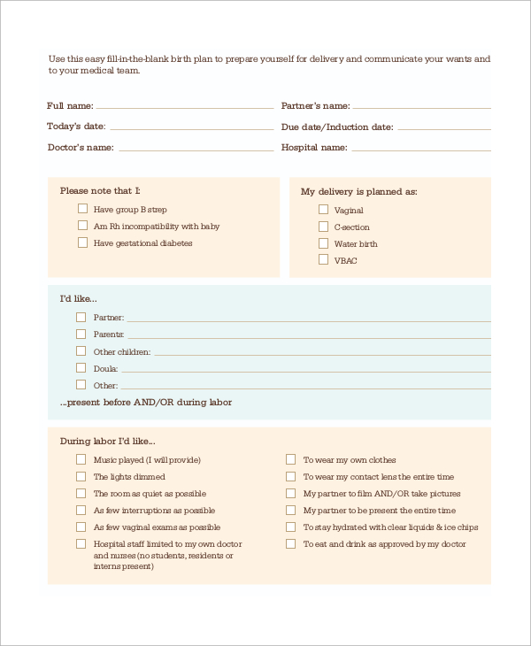 FREE 11 Sample Birth Plan Templates In PDF MS Word