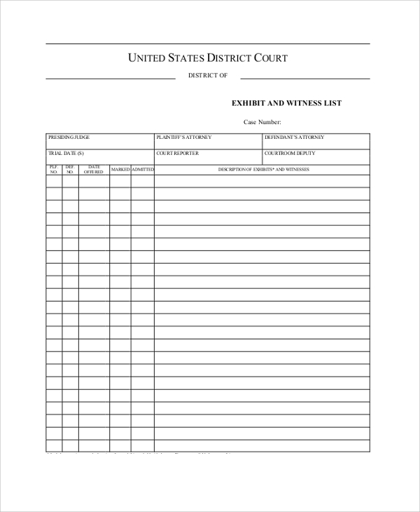 Exhibit List Court Exhibit Template