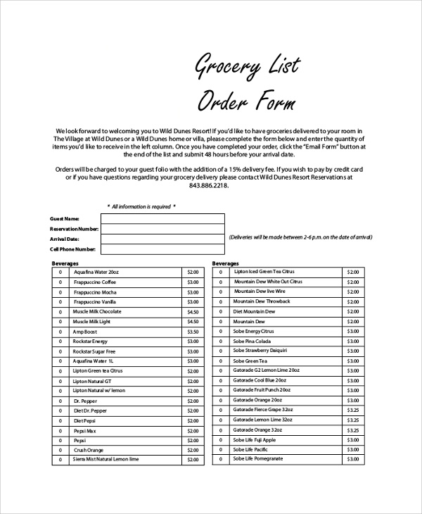 grocery list order form