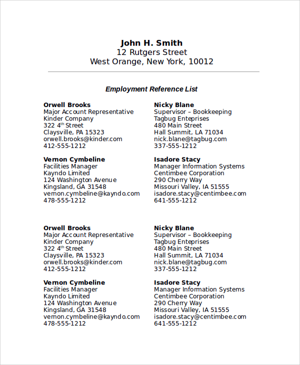 employment job reference list