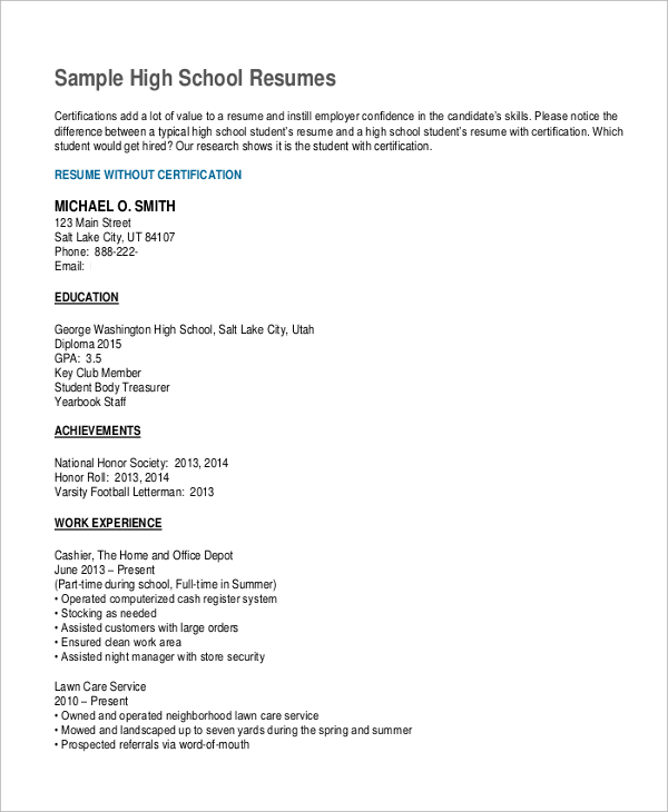 sample high student resume without certification