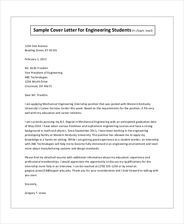 cover letter for mechanical engineering internship