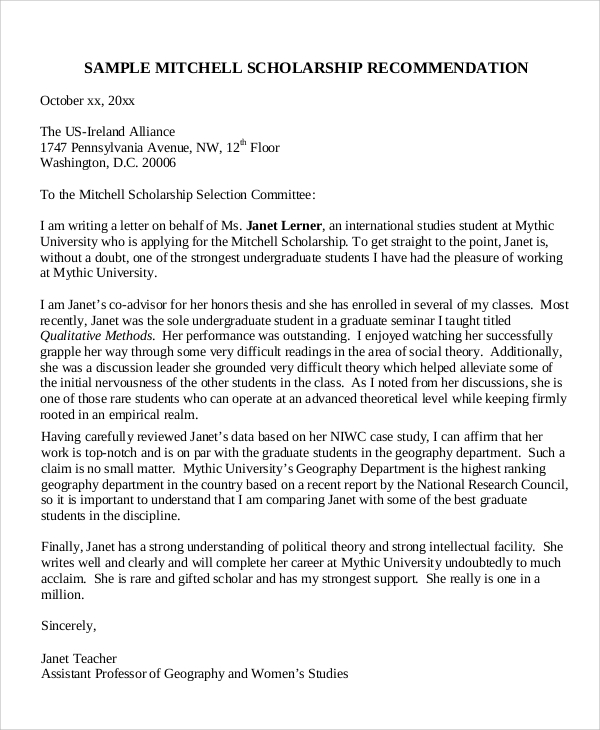 Recommendation Letter Template For Student Scholarship