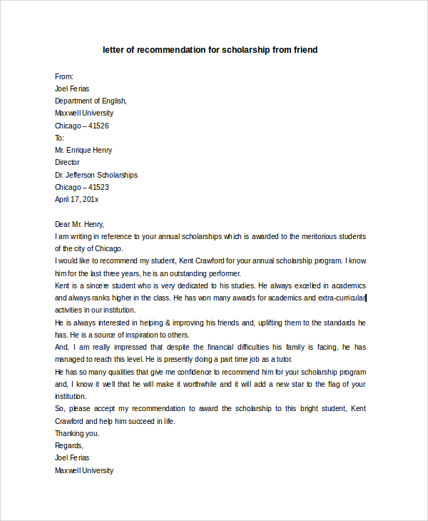 Scholarship letter of recommendation template