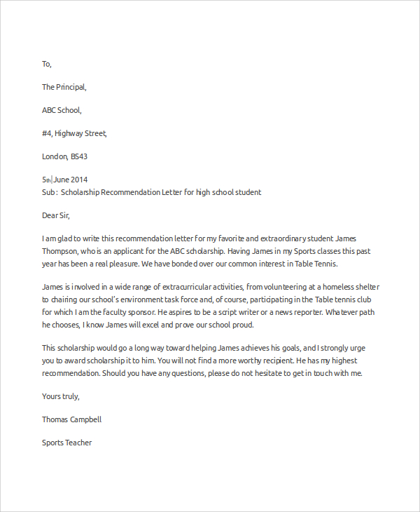 FREE 6  Sample Scholarship Recommendation Letter Templates in MS Word PDF