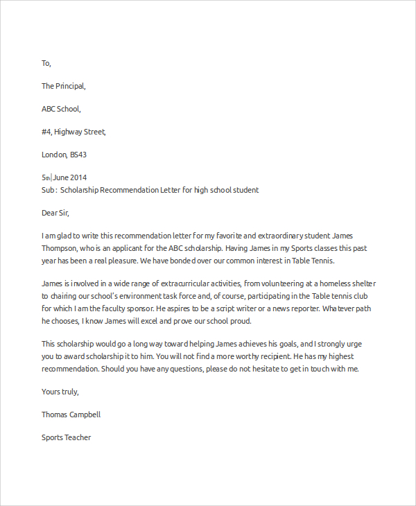 FREE 6+ Sample Scholarship Recommendation Letter Templates ...