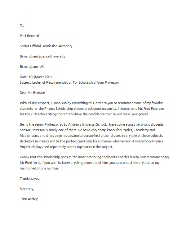 Free 6 Sample Scholarship Recommendation Letter Templates In Ms Word Pdf