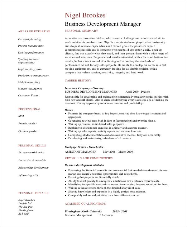 business development manager resume